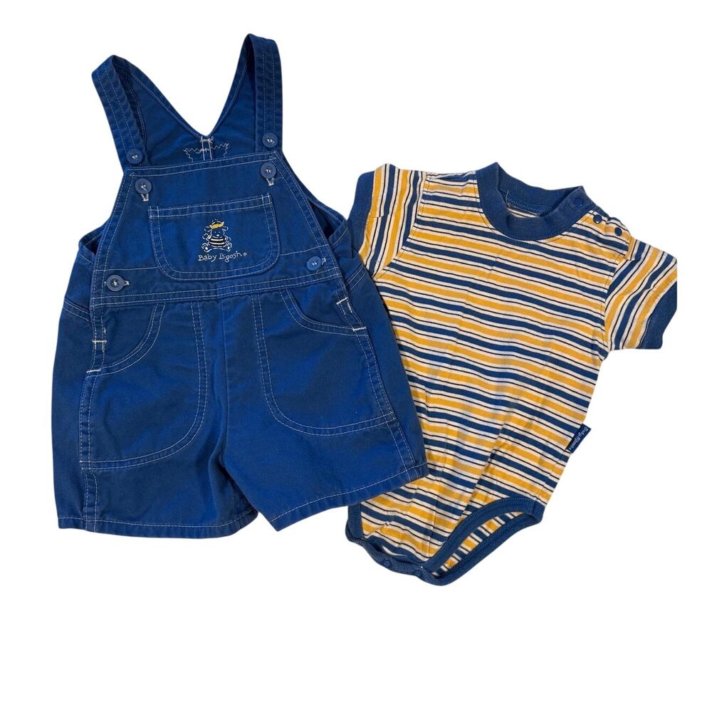 [Vintage] Blue Paper Tag Oshkosh Baby B'Gosh Shortalls Striped Set - Size 12m